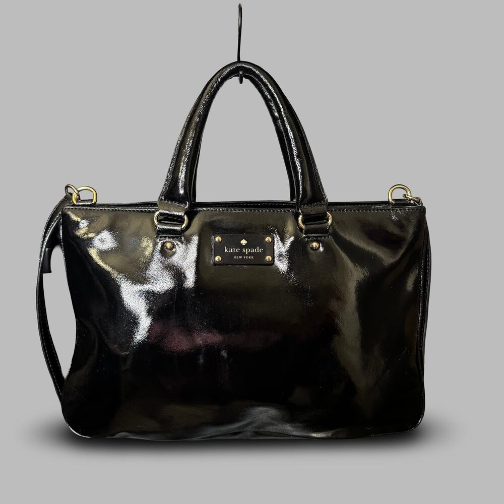 Kate Spade Black Patent Leather Logo Plaque Satchel Bag